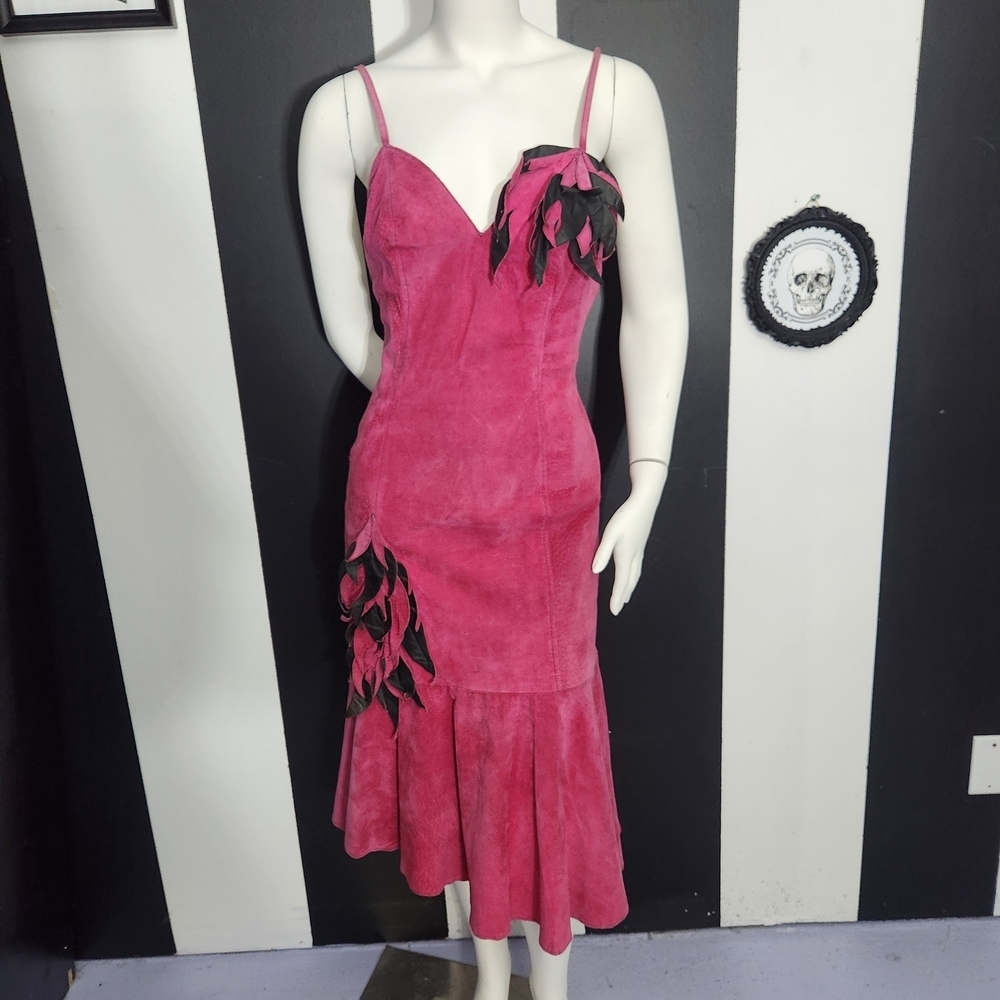 Wilsons Leather Pink Midi Dress with Black Accents